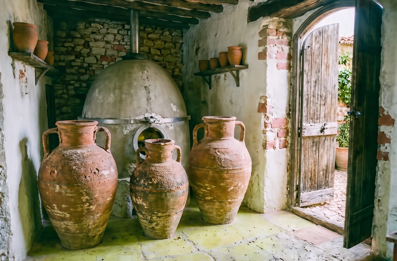 Trois amphores de terre cuite et une cuve œuf en béton, au chai, porte ouverte sur la lumière.