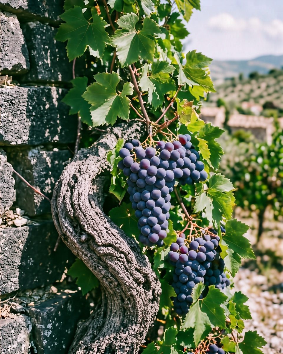 Un vieux pied de grenache en gobelet, ses grappes mûres, entre les pierres.