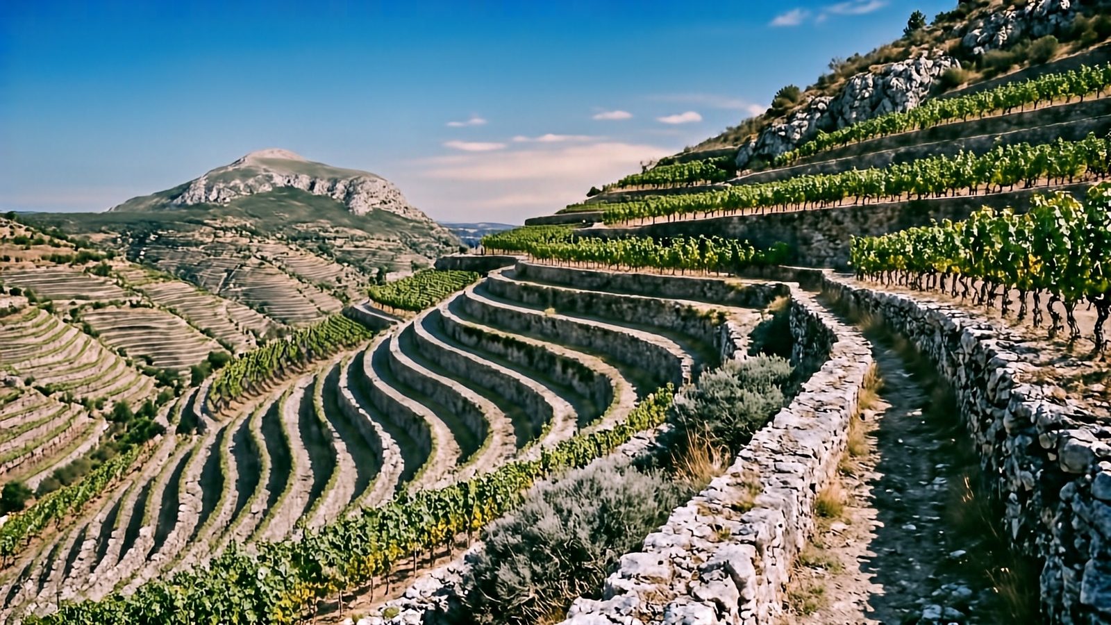 Les terrasses de vignes en gobelet, tenues par des murets de pierre sèche, au-dessus de la vallée.